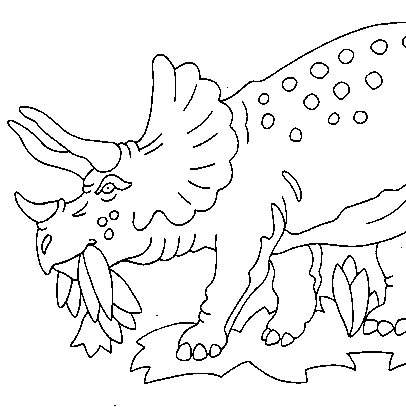 Dinosaur coloring page: a triceratops dinosaur eating leaves from a bush