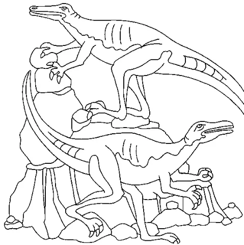 Dinosaur coloring page: two raptor-like dinosaurs on and around a large rock formation