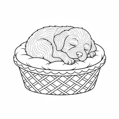 Puppy coloring page: a small puppy sleeping peacefully in a woven basket on a soft cushion