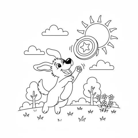 Dog coloring page: a happy dog jumping to catch a frisbee under a bright sun