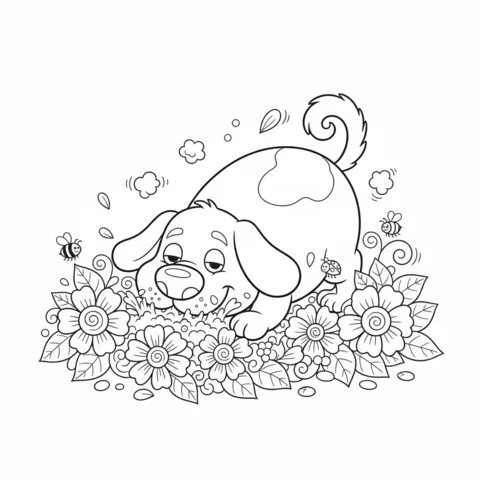 Dog coloring page: a playful dog with spots sniffing among many flowers, with bees flying around