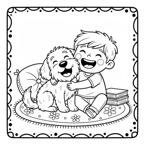 Boy and dog coloring page: a happy boy hugging a fluffy dog on a rug, with books nearby