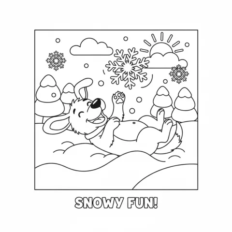 Dog coloring page: a joyful dog lying on its back in the snow, surrounded by trees and snowflakes