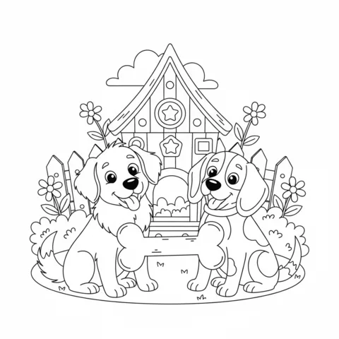 Dogs coloring page: two happy puppies sitting in front of a doghouse with a large bone between them