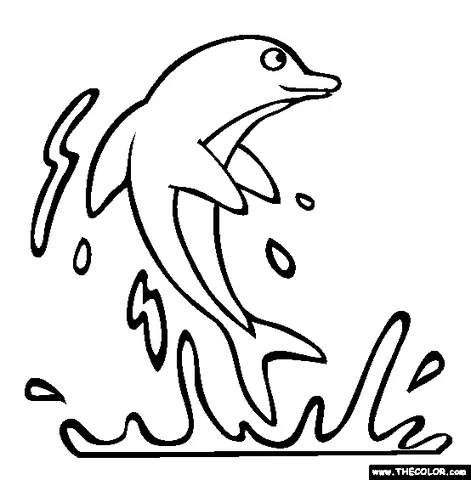 Ausmalbild Delfin: ein Delfin springt hoch aus dem Wasser, umgeben von Spritzern