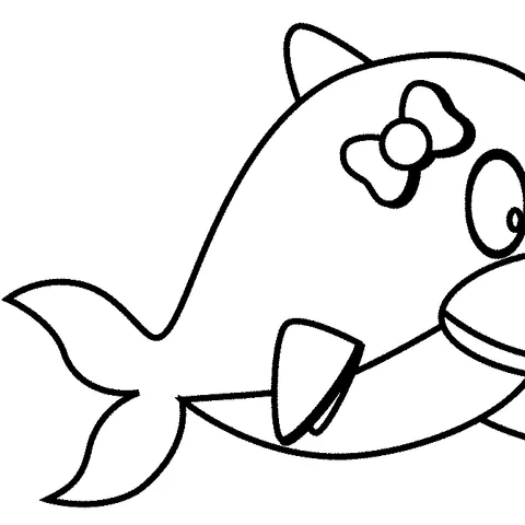 Ausmalbild Delfin: ein süßer Delfin mit einer Schleife auf dem Kopf, der fröhlich schwimmt