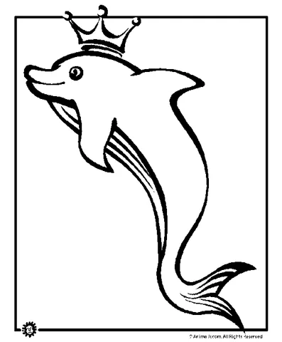Ausmalbild Delfin: ein Delfin mit einer Krone, der anmutig nach oben springt