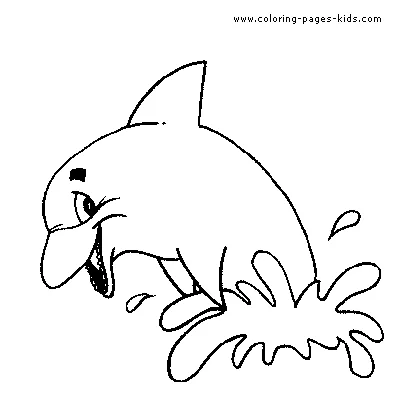 Ausmalbild Delfin: ein fröhlicher Cartoon-Delfin, der aus dem Wasser springt und Spritzer erzeugt