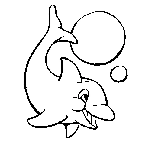 Ausmalbild Delfin: ein fröhlicher Delfin, der mit zwei Blasen spielt, einer großen und einer kleinen