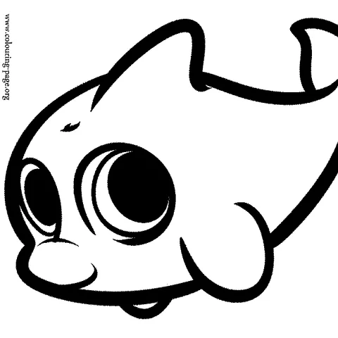 Ausmalbild Delfin: ein süßer Cartoon-Delfin mit großen Augen, der vorwärts schwimmt