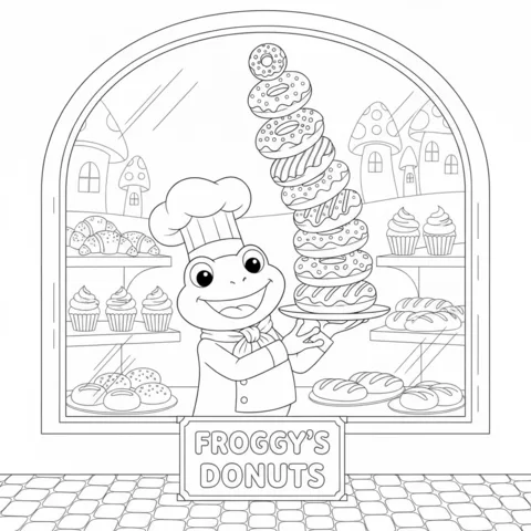 Donuts coloring page: a frog chef holds a tall stack of donuts in a bakery window