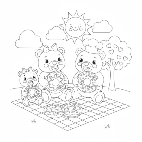 Donuts coloring page: a family of three bears sits on a picnic blanket eating donuts