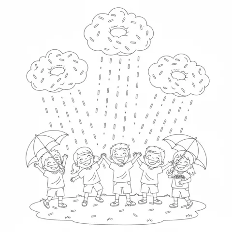 Donuts coloring page: five happy children play in the rain of sprinkles from donut clouds