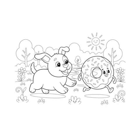 Donuts coloring page: a cute puppy chases a smiling donut with legs through a park