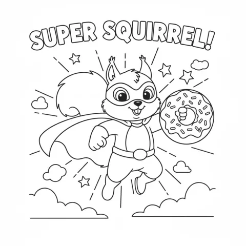 Donuts coloring page: a superhero squirrel with a cape flies while holding a donut