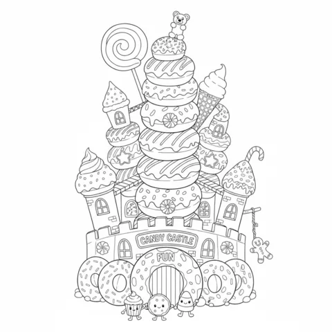 Donuts coloring page: a whimsical candy castle made of donuts, lollipops, and ice cream