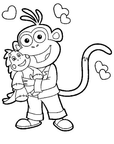 Disegno di Dora the Explorer da colorare: la scimmia Boots che tiene un dinosauro di peluche, con cuori che gli fluttuano intorno