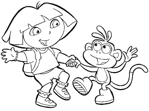 Disegno di Dora the Explorer da colorare: Dora e Boots si tengono per mano e ballano felicemente