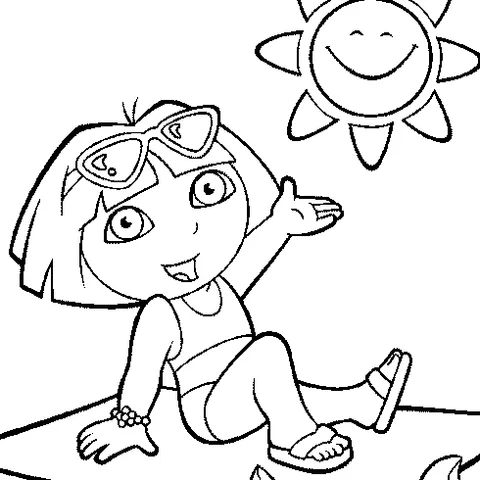 Disegno di Dora the Explorer da colorare: Dora in costume da bagno e occhiali da sole, seduta su un telo da mare sotto il sole