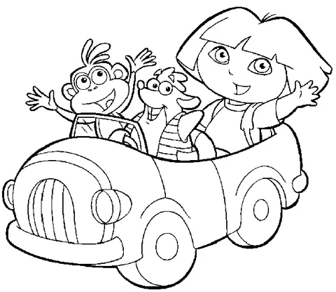 Disegno di Dora the Explorer da colorare: Dora, Boots e Isa l'iguana che salutano dall'interno di un'auto