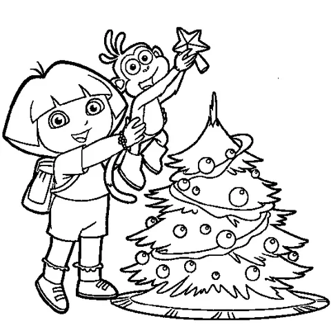 Disegno di Dora the Explorer da colorare: Dora che tiene Boots per posizionare una stella in cima a un albero di Natale decorato