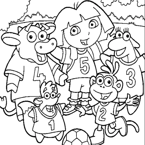 Disegno di Dora the Explorer da colorare: Dora, Boots, Benny, Isa e Tico in maglie da calcio intorno a un pallone