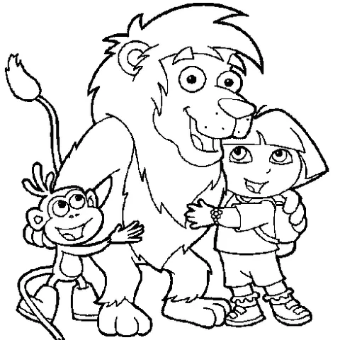 Disegno di Dora the Explorer da colorare: Dora e Boots che abbracciano un leone amichevole