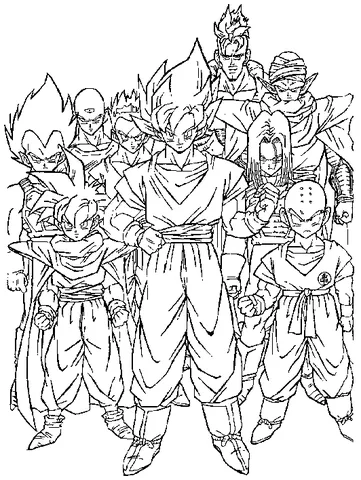 Coloriage Dragon Ball Z : Goku, Vegeta, Trunks, Krillin, Piccolo et d'autres personnages debout ensemble