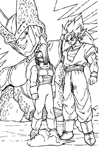 Coloriage Dragon Ball Z : Cell, C-17 et Goku debout ensemble, Cell en arrière-plan