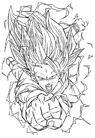 Coloriage Dragon Ball Z : Goku aux cheveux hérissés, frappant vers l'avant avec une expression déterminée