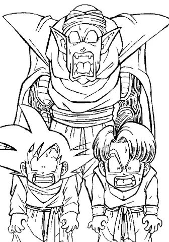 Coloriage Dragon Ball Z : Goku et Trunks effrayés, debout devant un grand personnage hurlant