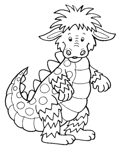 Coloriage Dragon : un dragon duveteux avec des taches et des cheveux hérissés, debout