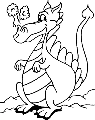 Coloriage Dragon : un dragon joyeux assis sur des rochers, exhalant de la fumée par le nez