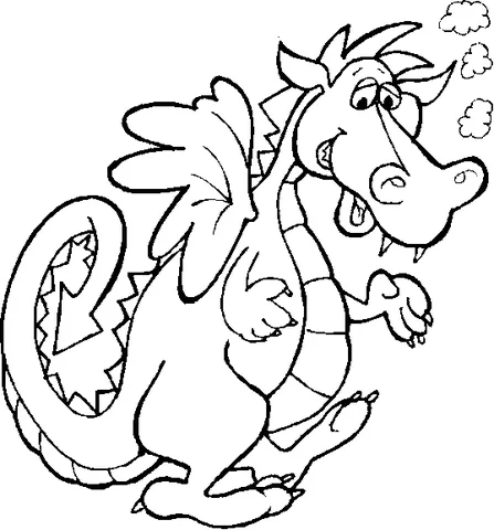 Coloriage Dragon : un dragon joueur avec de grandes ailes et une queue épineuse, crachant de la fumée