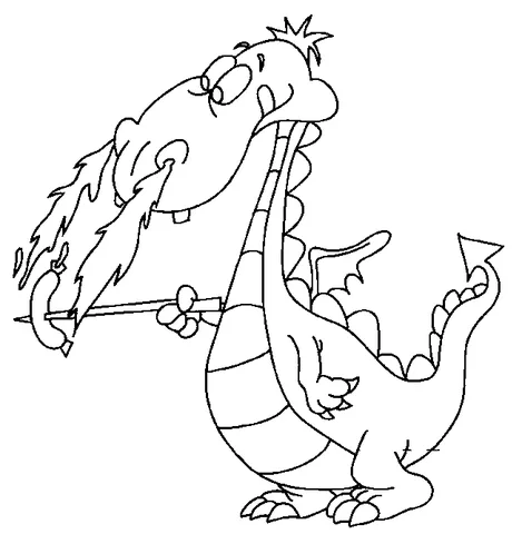 Coloriage Dragon : un dragon faisant rôtir une saucisse sur un bâton avec le feu de sa bouche