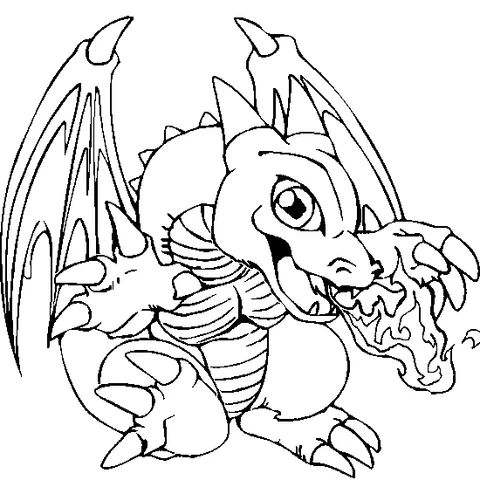 Coloriage Dragon : un féroce bébé dragon avec des griffes acérées et des ailes, crachant du feu