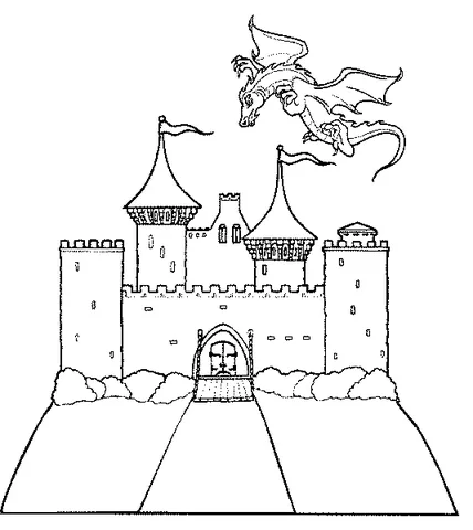 Coloriage Dragon : un grand dragon volant au-dessus d'un château médiéval avec de hautes tours