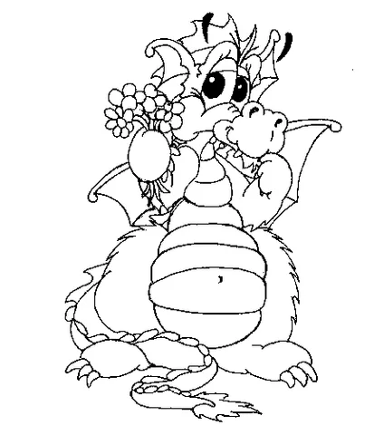 Coloriage Dragon : un gentil dragon tenant un petit bouquet de fleurs dans sa main
