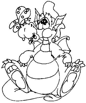 Coloriage Dragon : un dragon heureux assis avec une coccinelle sur sa tête
