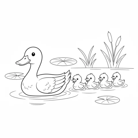 Ducks coloring page: a mother duck swimming with her four ducklings in a pond with lily pads