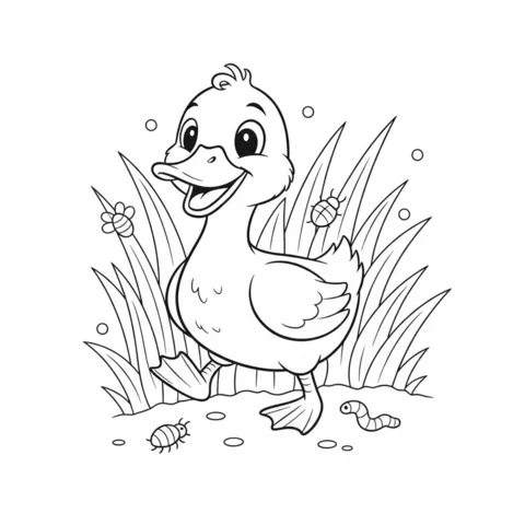 Ducks coloring page: a happy duckling walking through tall grass with bugs and a worm