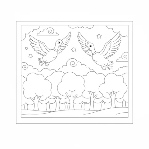 Ducks coloring page: two ducks flying above a forest with clouds and stars in the sky