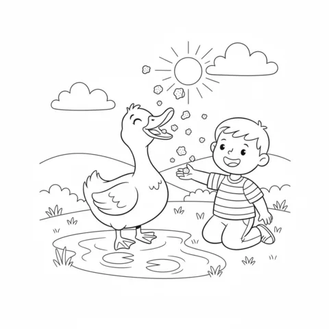 Ducks coloring page: a boy feeding a duck near a pond under the sun and clouds