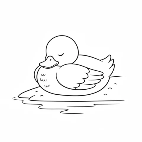 Ducks coloring page: a sleeping duckling resting on the ground near a puddle