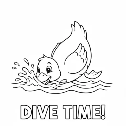Ducks coloring page: a duckling diving into water, making splashes, with the text "DIVE TIME!