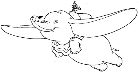 Disegno di Dumbo da colorare: Dumbo che vola felice con Timothy Q. Mouse sulla sua testa