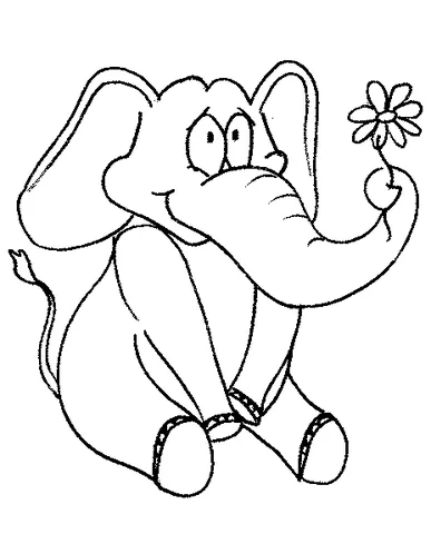Disegno di Elefante da colorare: un simpatico elefante cartone animato seduto e che tiene un fiore con la sua proboscide