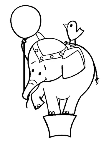 Disegno di Elefante da colorare: un elefantino in equilibrio su un piedistallo, che tiene un palloncino, con un uccello sulla schiena