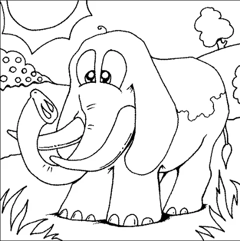 Disegno di Elefante da colorare: un elefante cartone animato che gioca con un serpente in una scena esterna soleggiata