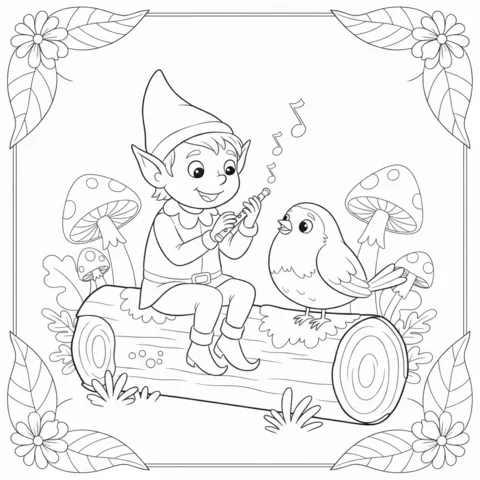 Desenho de elfo para colorir: um elfo tocando flauta para um pássaro em um tronco, com cogumelos